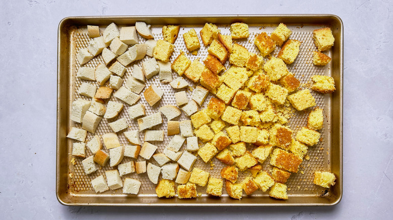 toasted bread cubes on sheet tray