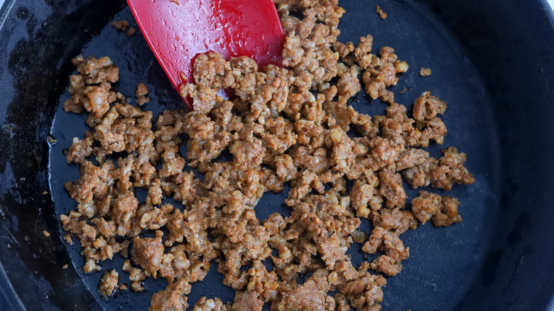 cooked chorizo in a cast iron skillet