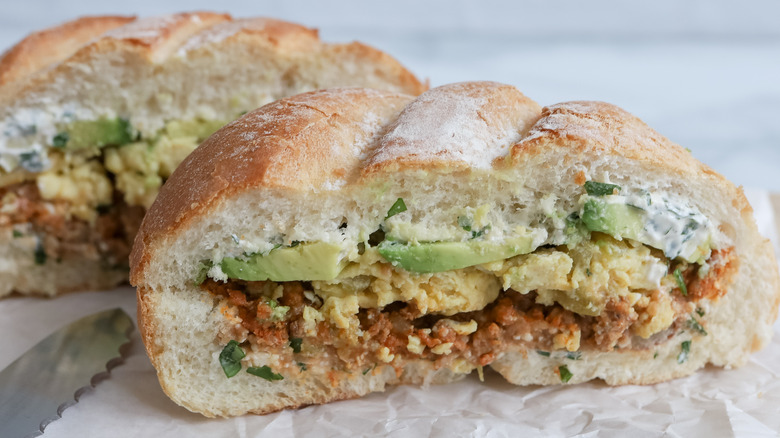 breakfast torta with chorizo, eggs and cheese