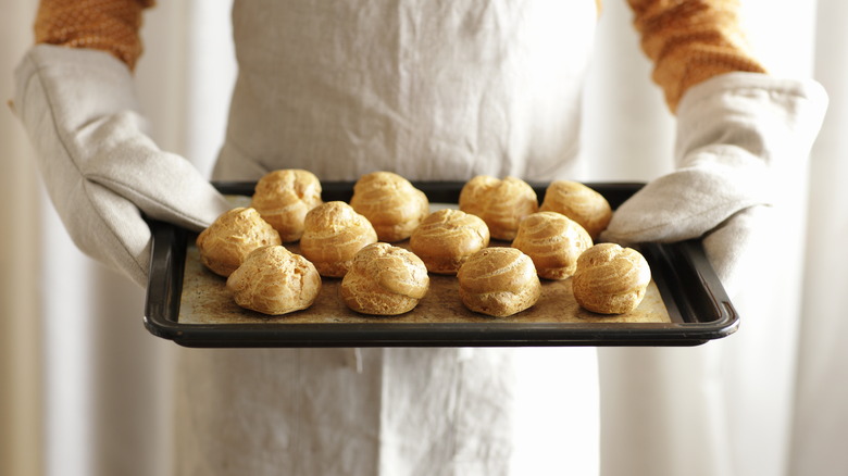 Tray of baked choux buns