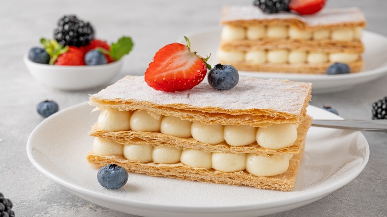 Puff pastry millefeuille layered with cream