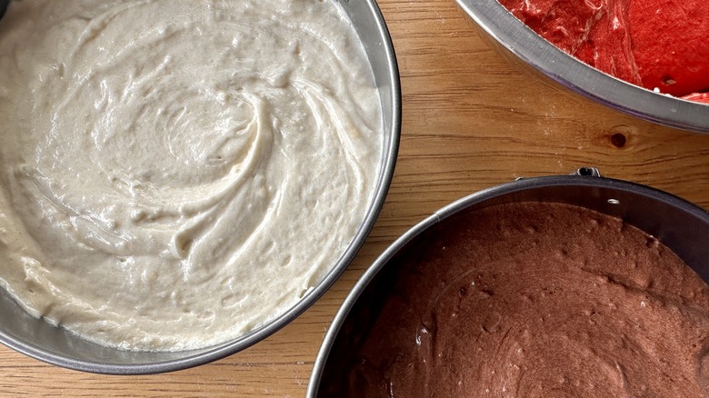 cake batter in three bowls