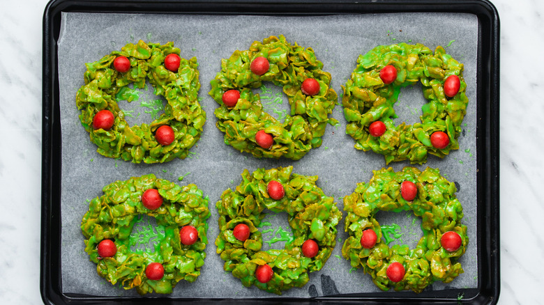 cornflake cookie wreaths baking sheet