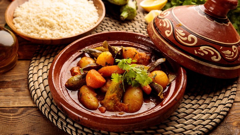 pot of tagine, North African stew with rice