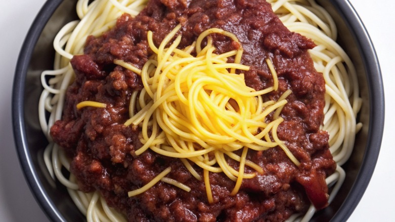 Overview of Cincinnati style chili in a bowl