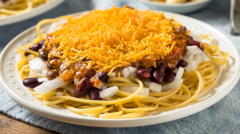 A plate of Cincinnati chili spaghetti