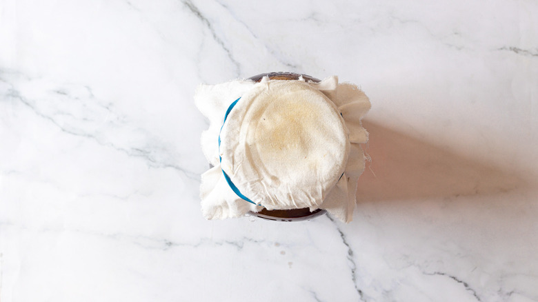 Jar covered with cheesecloth