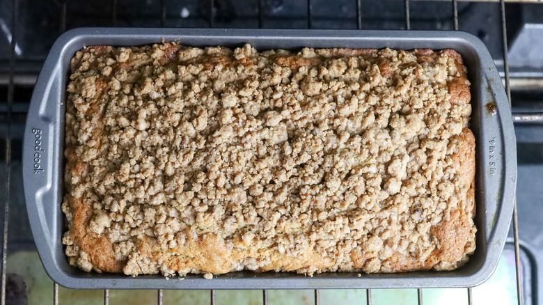 baked streusel bread in oven