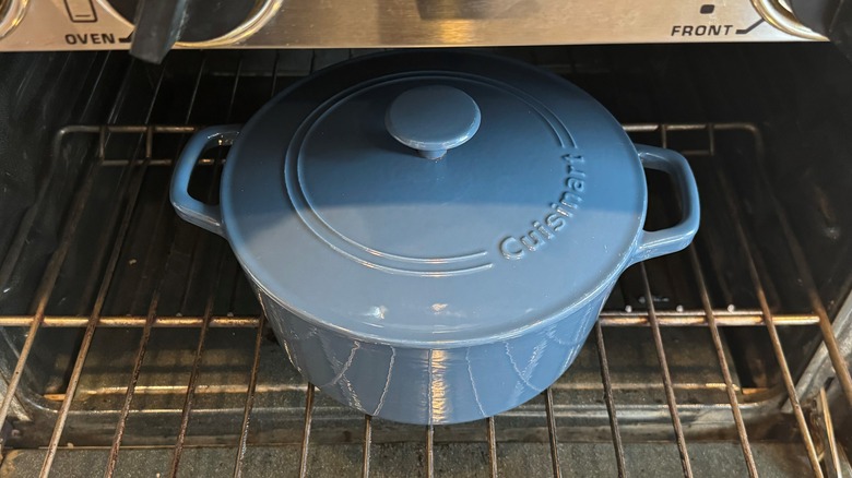 blue pot in oven