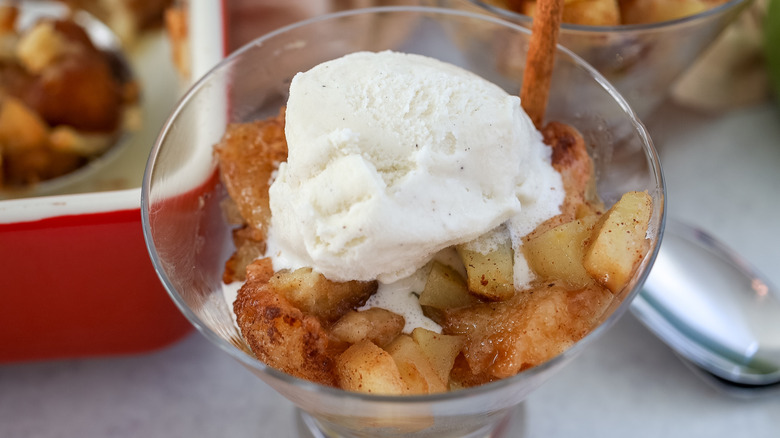 Close up of a bowl of apple brown betty with ice cream on top