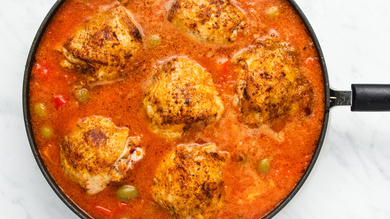 chicken and sauce in pan