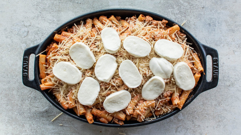 mozzarella slices on pasta