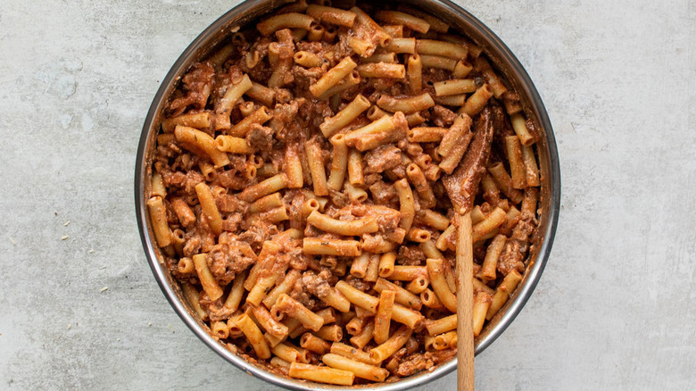 pasta and sausage in pan