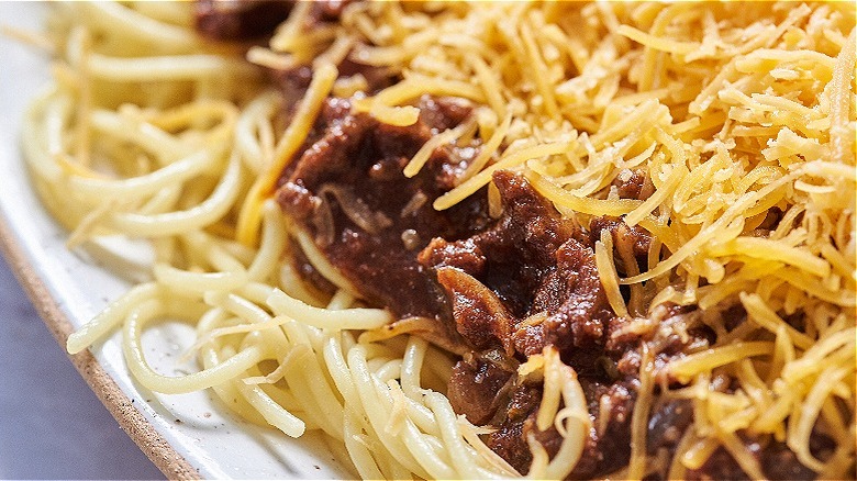 close up of chili on spaghetti