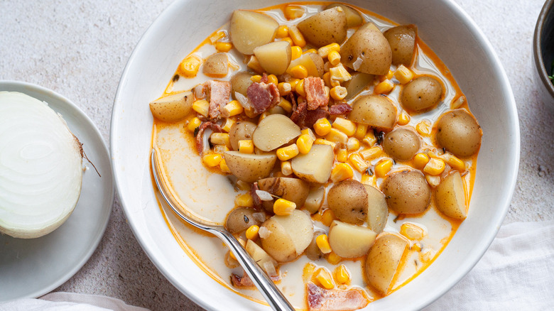 classic corn chowder in bowl 