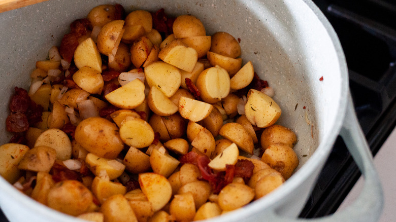 potatoes and bacon in pot 