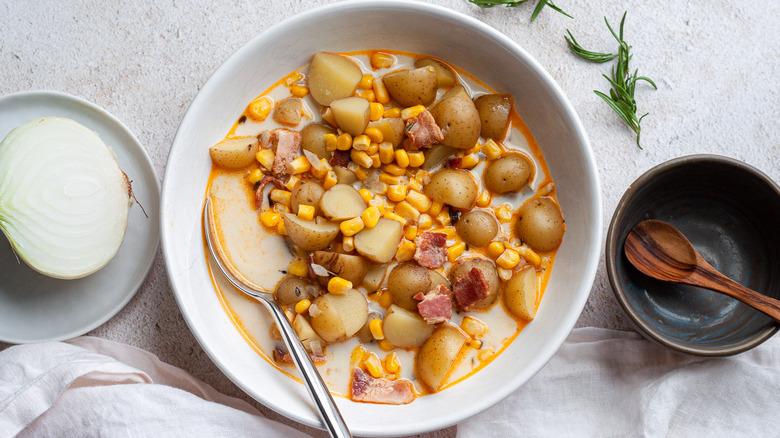 classic corn chowder in bowl 