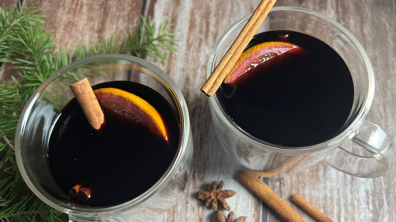 wine and cinnamon in glass mug