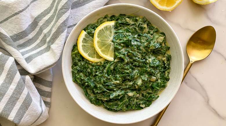 creamed spinach bowl with lemon