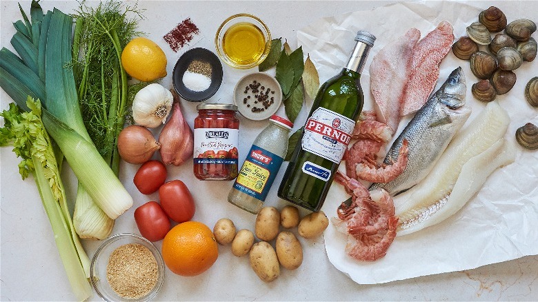 bouillabaisse ingredients on a table