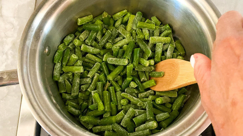 frozen green beans with spoon