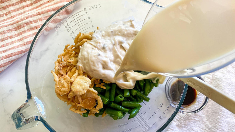 green bean casserole ingredients in bowl