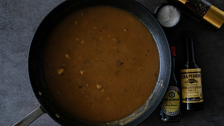 mushroom gravy in a skillet