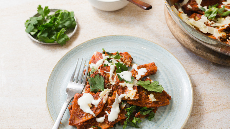 Serving of chilaquiles on plate with pan in background