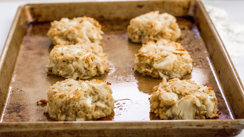 Classic Maryland Crab Cakes on baking sheet