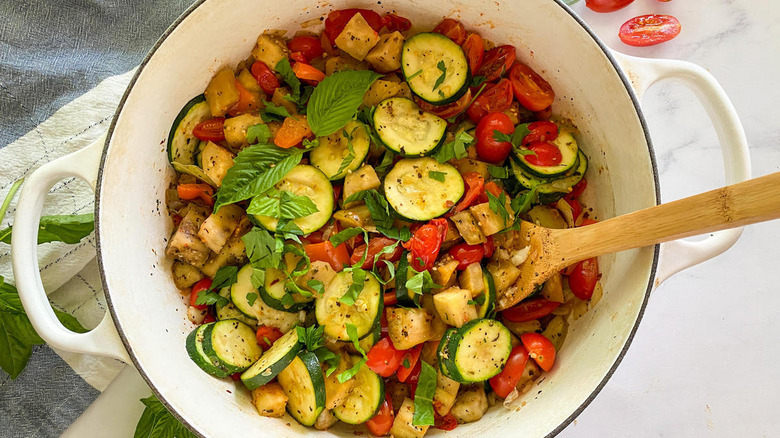 ratatouille with herbs in pot