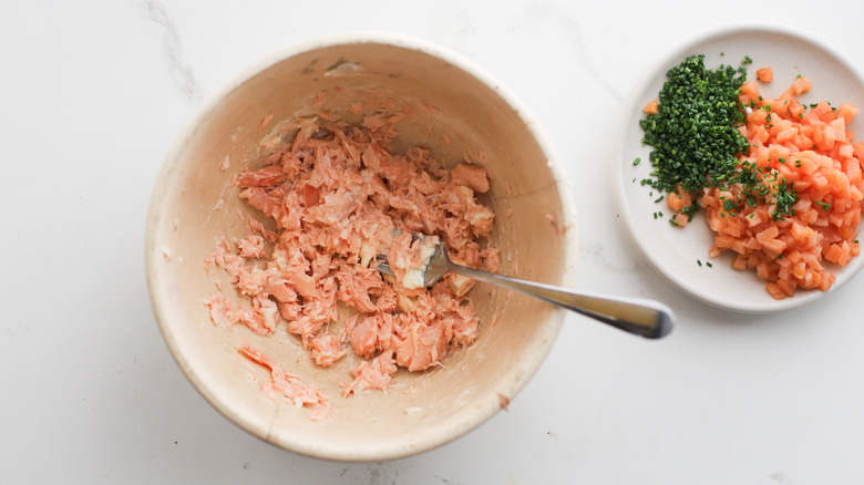 Salmon mashed in a bowl