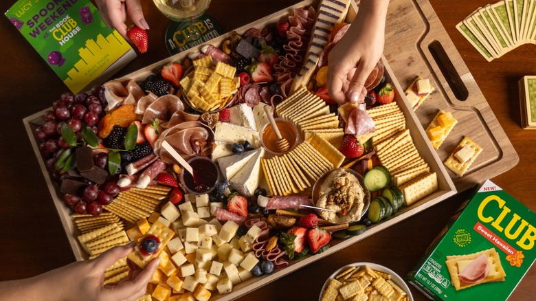 Overview of a charcuterie board with Club crackers