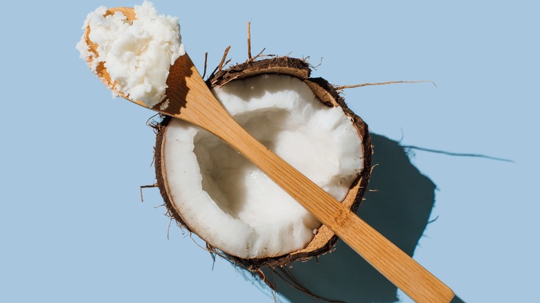 A spoonful of solid coconut oil on a halved coconut