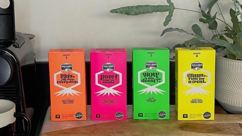 Packages of Volcano Coffee Works pods