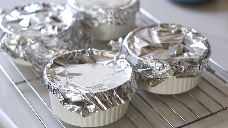 Purin (Japanese custard pudding) cooling on a wire rack