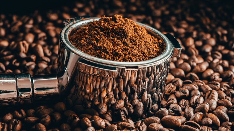 Ground espresso in scoop among whole roasted coffee beans