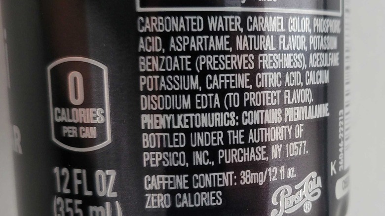 Pepsi Zero ingredients label