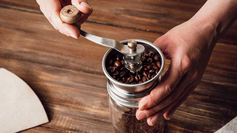 Coffee beans ground by hand