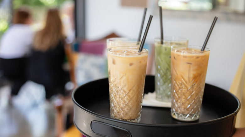 Iced lattes on tray