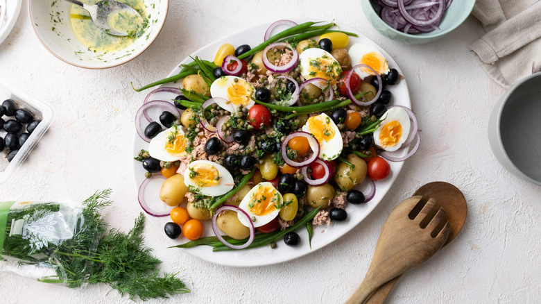 colorful niçoise salad on platter 