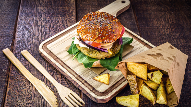 Veggie burger with potato wedges