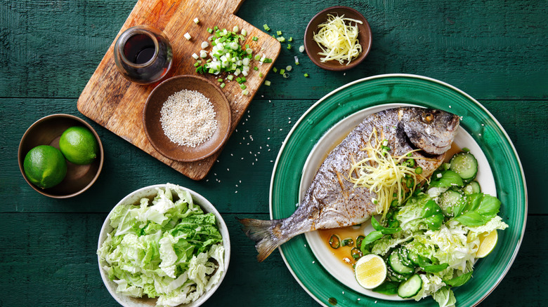 Fish with cucumbers, limes, and soy sauce