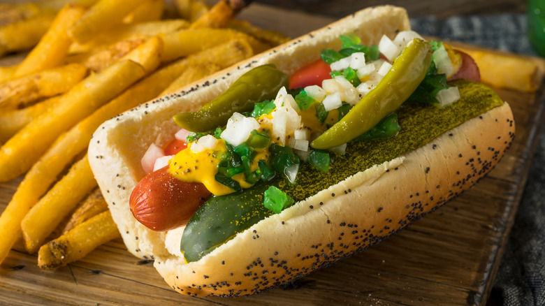 Chicago-style hot dog, fries