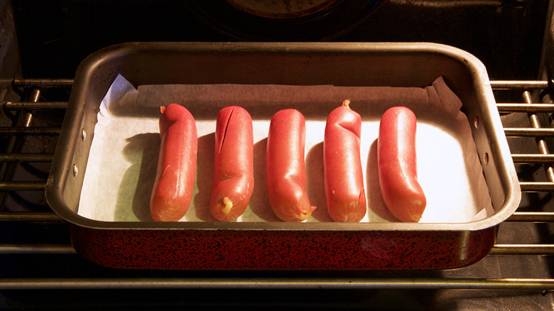 hot dogs in an oven