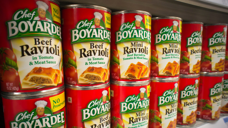 Chef Boyardee cans on shelf