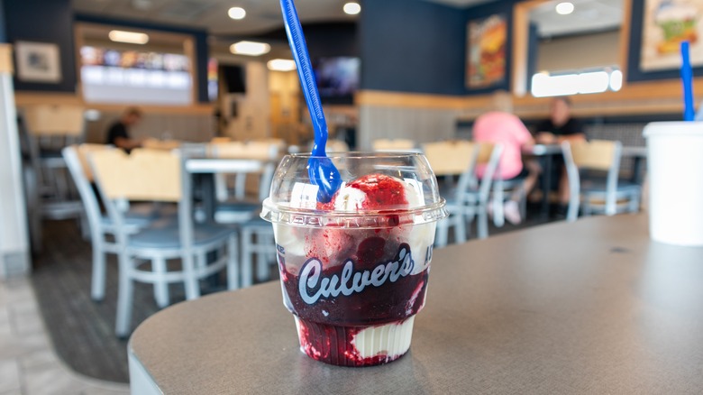 Culver's concrete with fruit syrup on counter