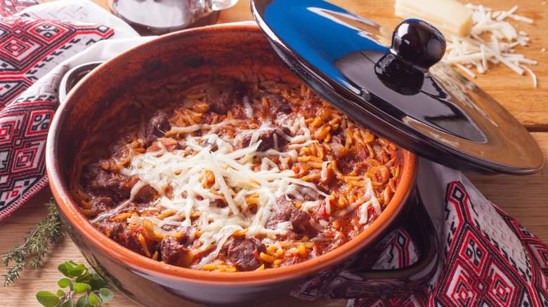 Pasta dish in a pot with lid