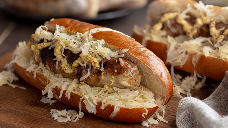 Brat with sauerkraut on a bun