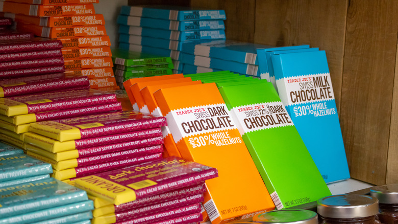 Stacks of Trader Joe's chocolate 