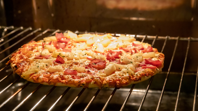 Frozen pizza in an oven